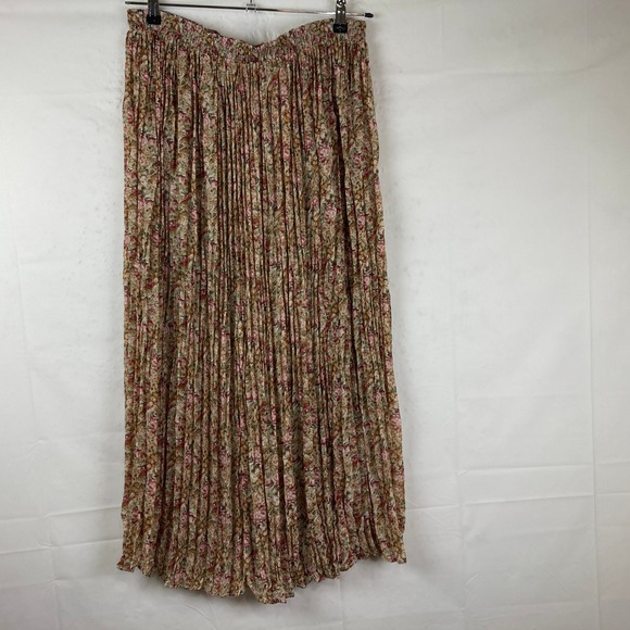 Capezio Floral Maxi Skirt Sz L Tan Pink Pleated Boho Y2K Cottagecore Prairie - Picture 2 of 6